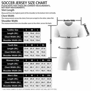 May include: A black and white soccer jersey size chart featuring a diagram of a t-shirt with labels for length, shoulder width, sleeve length, bust, and waist. Tables provide garment measurements in inches for toddler, youth, and adult sizes.