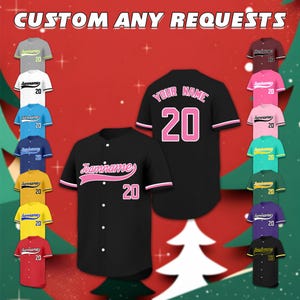 May include: Black baseball jersey with pink accents, featuring the text "Teamnames" and the number "20". The image also displays various colored jerseys, including gray, white, blue, yellow, and red, each with the number "20". The text "CUSTOM ANY REQUESTS" is at the top.