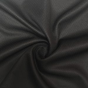 May include: A solid black fabric with a fine, uniform mesh texture. The material is gathered in the center, creating soft, radiating folds and shadows that highlight the consistent dark color and the intricate, breathable weave of the textile.