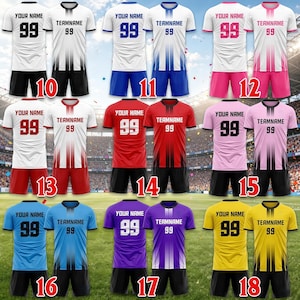 May include: A collection of eighteen sports uniforms featuring jerseys and shorts in various colors including white, pink, red, blue, purple, and yellow. Each jersey displays the text YOUR NAME, TEAMNAME, and the number 99 in a bold font.