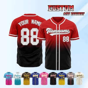 May include: A red and black baseball jersey with the text "Your Name" and the number "88" on the back. The front of the jersey has the text "Teamname" and the number "88". The image also shows several color variations of the jersey. Text at the top says "CUSTOM ANY REQUEST".