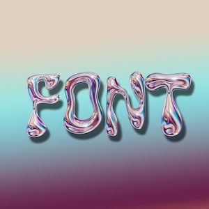 May include: The word "FONT" in a 3D, iridescent, liquid-like style. The letters are a mix of purple, blue, and silver, with a glossy, reflective surface. The background transitions from purple to blue and then to a light beige.