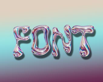 May include: The word "FONT" in a 3D, iridescent, liquid-like style. The letters are a mix of purple, blue, and silver, with a glossy, reflective surface. The background transitions from purple to blue and then to a light beige.