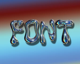 May include: The word "FONT" in a shiny, metallic, liquid-like style. The letters are a reflective, iridescent blue and silver, with a gradient background of red, blue, and yellow.