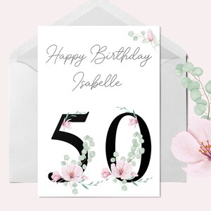 Carte d’anniversaire personnalisée imprimée à la main, carte de 50e anniversaire, carte de vœux nom, carte d’âge