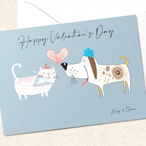 Carte de Valentine de chat et de chien, carte imprimée à la main de Valentines, carte animale, carte de Valentine
