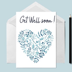 Handgeprinte Floral Heart Card, Get Well Soon Card, Floral Greetings Card, Het verzenden van liefde,