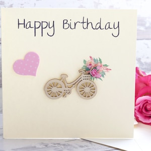 Carte d’anniversaire, carte de vœux faite main, bicyclette avec panier de fleurs, carte pour elle, carte 3D