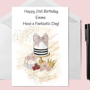 Tarjeta de cumpleaños femenina impresa a mano personalizada, moda, tarjeta de edad, 21, 30, 40, pastel de cumpleaños, fiesta de cumpleaños, celebración