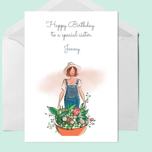 Carte de vœux de jardinage, Carte personnalisée pour les amoureux du jardin, Carte de relation, Carte d’anniversaire, Jardinier, Carte de vœux sœur