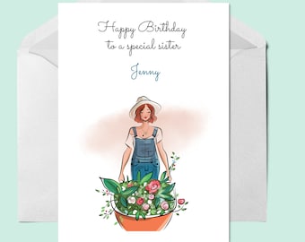 Puede incluir: Una tarjeta de cumpleaños con una ilustración de acuarela de una mujer con un mono de trabajo sosteniendo una maceta de flores. La tarjeta dice "Feliz cumpleaños a una hermana especial Jenny".