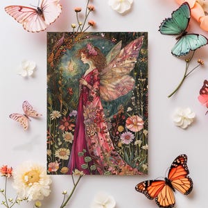 Tarjeta de cumpleaños para mujer, tarjeta de hada mística, tarjeta para niña, tarjeta de felicitación para ella, flores carmesí, tarjeta navideña