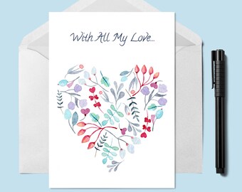 Hand printed Floral Heart Card, Valentine Card, Floral Greetings Card, Sending Love,