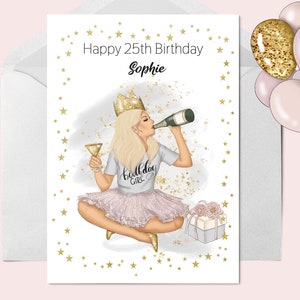 Gepersonaliseerde handgeprinte vrouwelijke verjaardagskaart, champagne, leeftijdskaart, 21e verjaardag, 25e verjaardag, kaart voor meisje, verjaardagsmeisje