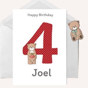 Carte personnalisée de 4e anniversaire, carte de vœux pour enfant, carte d’anniversaire pour garçon, carte d’anniversaire d’ours en peluche, carte d’anniversaire d’âge 4 ans