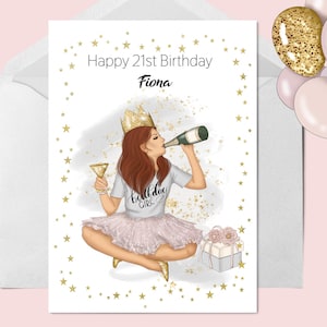 Tarjeta de cumpleaños femenina personalizada impresa a mano, champán, tarjeta de edad, cumpleaños número 21, cumpleaños número 25, tarjeta para niña, cumpleañera