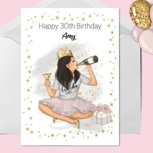 Tarjeta de cumpleaños femenina personalizada impresa a mano, champán, tarjeta de edad, cumpleaños número 21, cumpleaños número 30, tarjeta para niña, cumpleañera