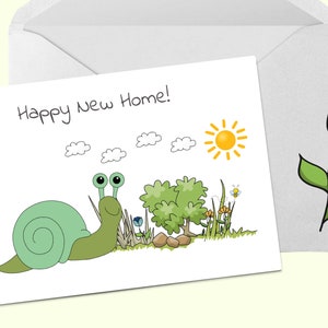 Happy New Home Card, Carte imprimée à la main, Carte de pendaison de crémaillère, Carte de vœux avec message personnalisé, Carte d’escargot