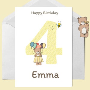 Carte personnalisée de 4e anniversaire , Carte de vœux pour enfant, Carte d’anniversaire pour fille, Carte d’anniversaire d’ours en peluche, Carte d’anniversaire de 4 ans