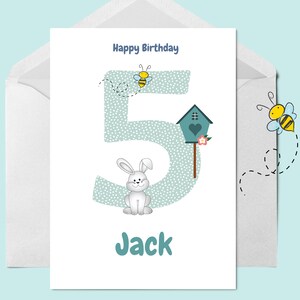 Tarjeta personalizada de 5º cumpleaños, tarjeta de felicitación para niños, tarjeta de cumpleaños para niños, tarjeta de conejo, tarjeta de cumpleaños de 5 años
