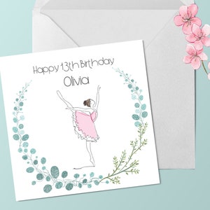 Gepersonaliseerde handgedrukte verjaardagskaart, verjaardagskaart voor vrouw, kaart voor haar, verjaardagskaart voor tiener, balletdanserkaart