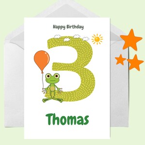 Personalisierte 3. Geburtstagskarte, Grußkarte für Kind, Geburtstagskarte für Jungen, Grüne Frosch Geburtstagskarte, Geburtstagskarte 3 Jahre