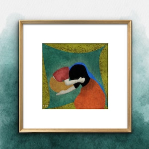 May include: A square framed print featuring an abstract illustration of a figure with a black head and orange torso, leaning over a tan circular shape. The background consists of a teal square set against a textured, olive-green border.