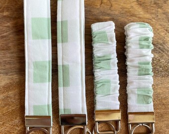 Green and White Gingham Keychain Key Fob Wristlet