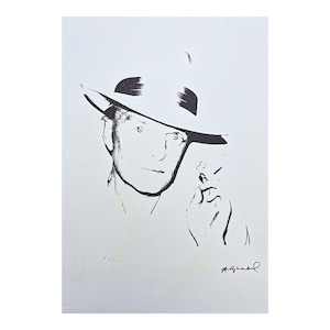 May include: Monochrome print of a person in a hat, holding a cigarette. The artwork is a portrait with a minimalist style. The print is numbered 43/25 and signed by the artist. The image is on a white background.