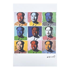 Puede incluir: Una serigrafía pop art con nueve retratos coloridos de un hombre, cada uno sobre un fondo diferente. La obra de arte incluye la firma del artista y el número de edición.