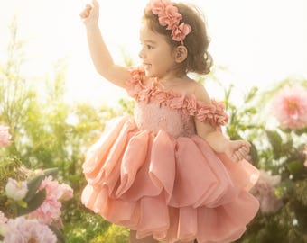 May include: A young child in a light pink dress with a layered skirt and floral accents. The dress features a lace bodice and off-the-shoulder ruffles. A matching floral headband completes the outfit. The child is in a garden setting.