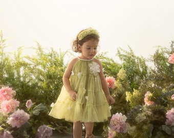 Lily Dress - Halter Tutu Dress for Birthday, Photoshoot Dress with Pearl Details