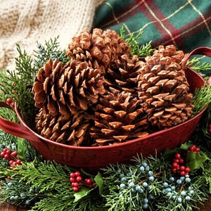 May include: A red oval metal bowl filled with brown pinecones, surrounded by green cedar branches, small blue berries, and clusters of tiny red berries, creating a festive arrangement with a textured appearance and natural elements.
