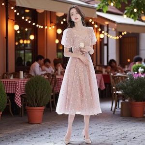 Blush Pink Glitter Midi Dress with Puff Sleeves | Princess Party Dress | Sparkling Formal Gown