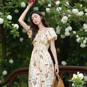 Floral Puff Sleeve Cottagecore Dress | Vintage Summer Picnic Dress | Custom Fit Women&#39;s Maxi Dress | Soft Aesthetic Fashion