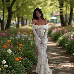 Elegant White Lace Off Shoulder Long Sleeve Gown | Bridal, Formal Evening, Garden Party Dress