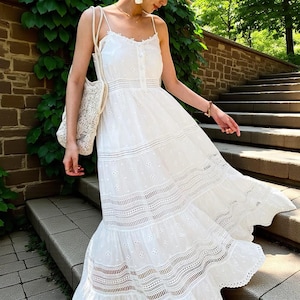 White Bohemian Maxi Dress with Lace & Eyelet Details – Summer Beach Resort Wear | Elegant Women’s Long Dress