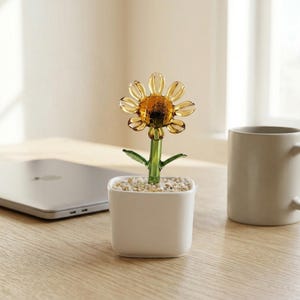 Yellow Glass Sunflower Figurine | Mini Handmade Plant Pot | Desk Sunny Decor | Gift For Sunflower Lover