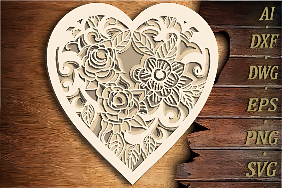 3D Floral Heart SVG DXF | Layered Heart Mandala Cut Files for Cricut ...