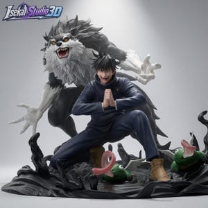 May include: A detailed anime-style figurine featuring a dark-haired character in a navy uniform crouching with hands pressed together, accompanied by a large, snarling black and white wolf creature and two small green winged frogs in black liquid.
