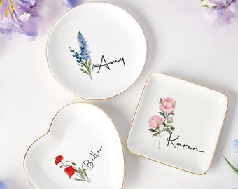 Gepersonaliseerde geboorte bloem sieraden schaal, cadeaus bruidsmeisje, bloemenschaal voor bruiloft, verjaardagscadeau, aquarel sieraad dienblad voor haar, bestie