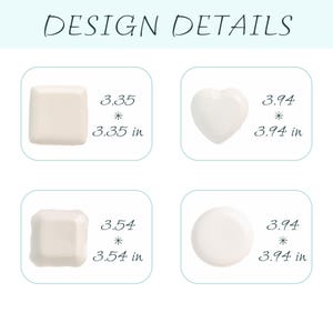 Op de afbeelding: Afbeelding met vier witte decoratieve objecten met de tekst "DESIGN DETAILS". De objecten zijn een vierkant, een hart, een vierkant met afgeronde randen en een cirkel. Afmetingen in inches: 3,35 x 3,35, 3,94 x 3,94, 3,54 x 3,54 en 3,94 x 3,94 (8,5 x 8,5, 10 x 10, 9 x 9 en 10 x 10 cm).