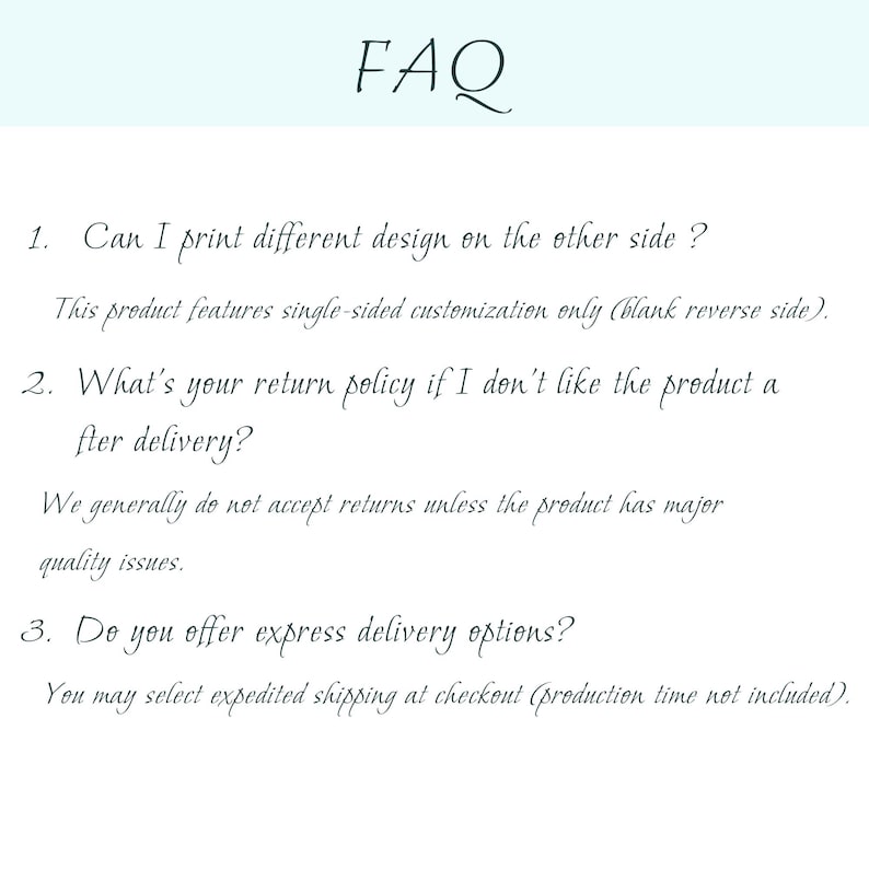 Op de afbeelding: Een lichtblauwe achtergrond met het woord "FAQ" in elegant schrift. Hieronder behandelen drie vragen maatwerk, retourzendingen en expresverzending. De antwoorden worden gegeven in een duidelijk, gemakkelijk te lezen lettertype.