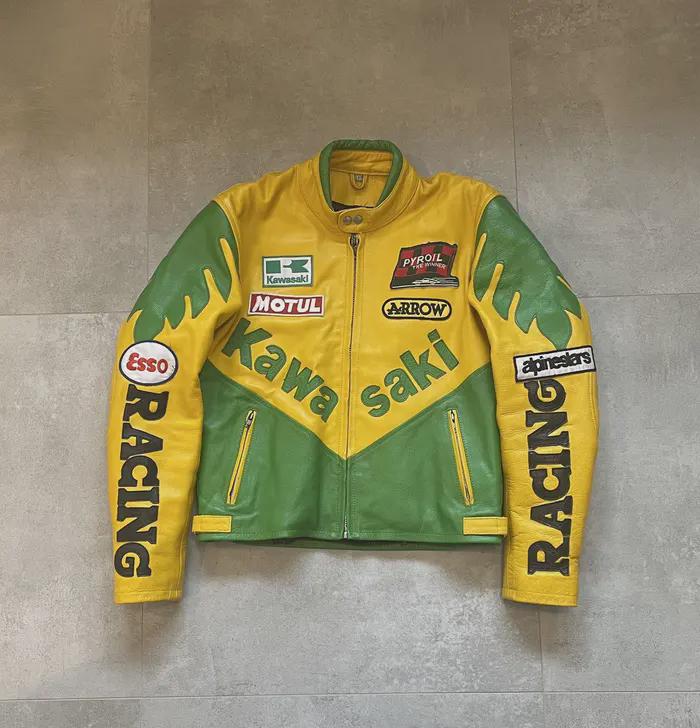 ★送料/関税無料★ ●KHAKIPOINT● Racing Leather Jacket Handmade Kawasaki Racing Leather Jacket, Yellow & Green Moto