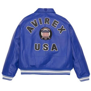 Handmade AVIREX All American Blue Leather Bomber Jacket, Premium Leather with Bold AVIREX Patches, Mens Fashion Jacket, Unisex