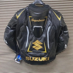 Handmade Suzuki Hayabusa Leather Racing Jacket, Black & Yellow Biker Gear with Bold Logos, Premium Protection for Motorcyclists, Gift forhim