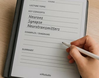 Puede incluir: Una tableta digital con una cubierta negra y una pantalla blanca que muestra notas manuscritas sobre "Neuronas", "Sinapsis" y "Neurotransmisores". Un lápiz óptico blanco se sostiene cerca de la pantalla. La tableta tiene la palabra "reMarkable" impresa en la parte inferior.