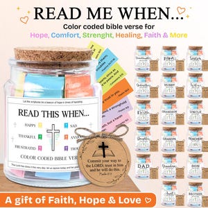 May include: A glass jar with a cork lid filled with colorful Bible verses. The jar is labeled "Read This When..." and includes a wooden tag with a Bible verse. Additional small jars with labels like "Mom" and "Sister" are also visible.