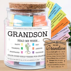 May include: A glass jar with a cork lid filled with colorful Bible verses for a grandson. The jar has a label that reads "Grandson" and "Read Me When..." with various emotions. A small tag reads "To My Grandson."
