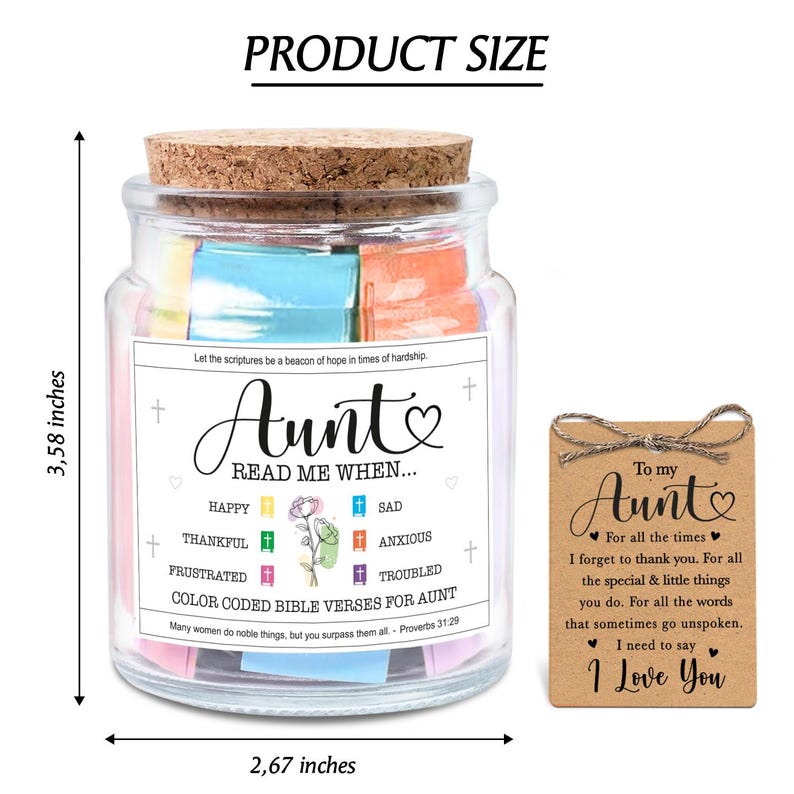 May include: A glass jar with a cork lid, filled with colorful paper notes, and a small gift tag. The jar is labeled "Aunt, Read Me When..." and measures 3.58 inches tall and 2.67 inches wide. The gift tag says "I Love You."